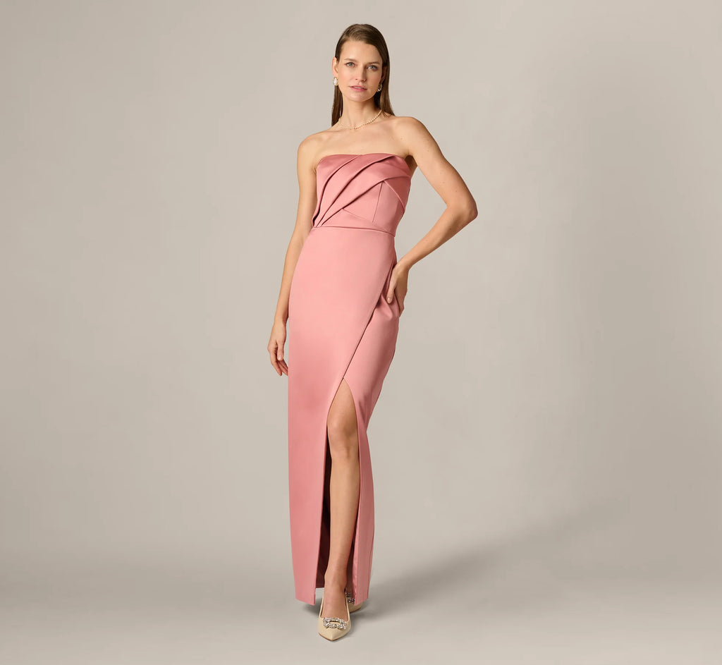 Strapless Duchess Satin Pleated Gown In Rose