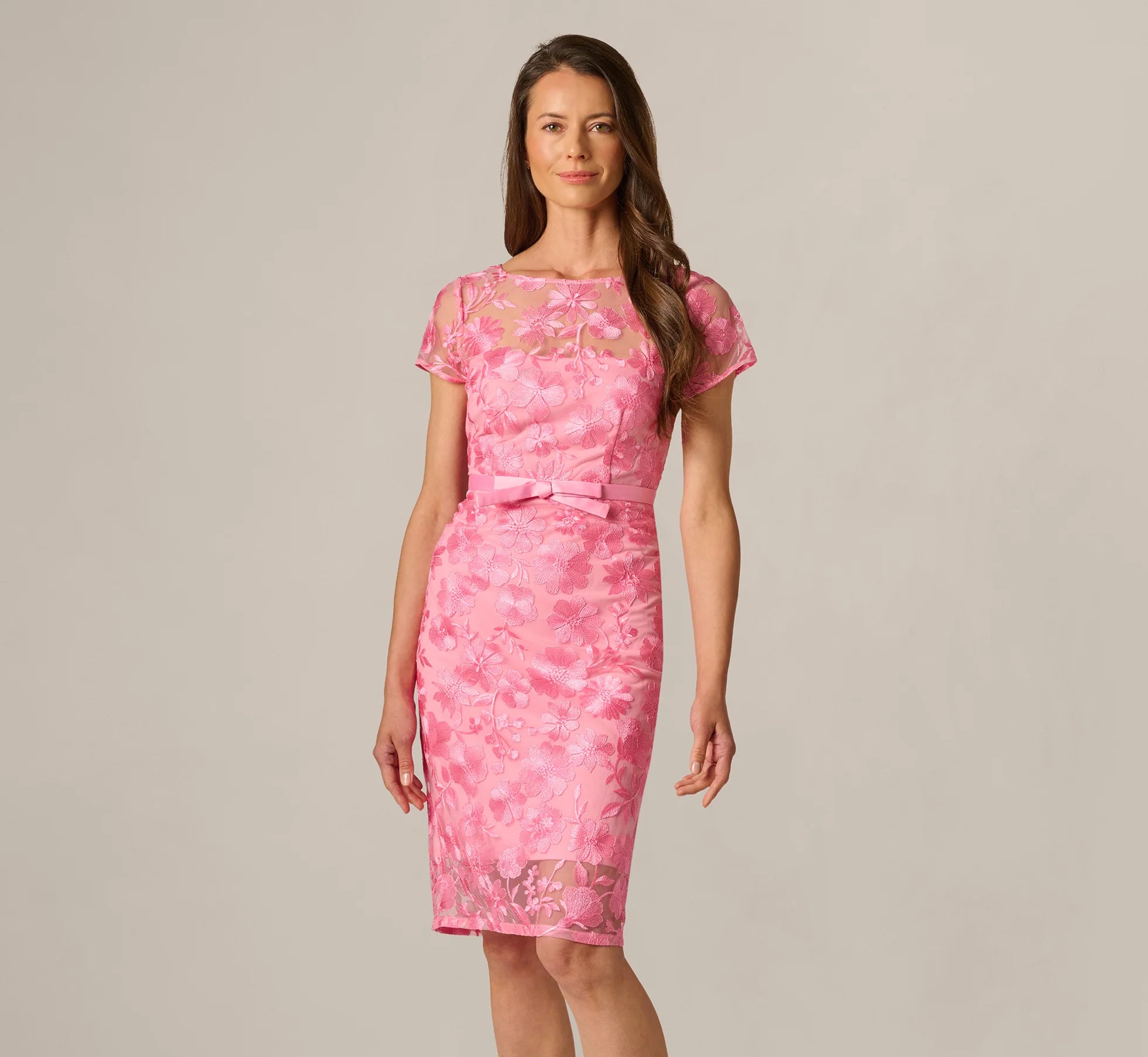Short Sleeve Embroidered Illusion Sheath Dress In Cherry Blossom