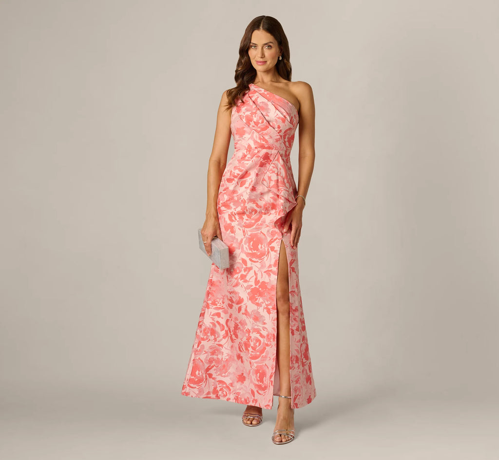 One Shoulder Floral Jacquard Draped Gown In Coral Multi