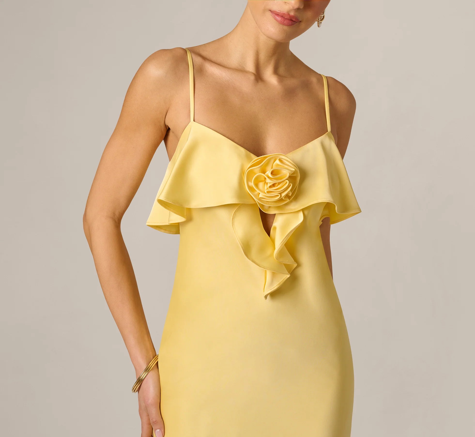 Stretch Satin Flounce Rosette Slip Gown In Butter Yellow