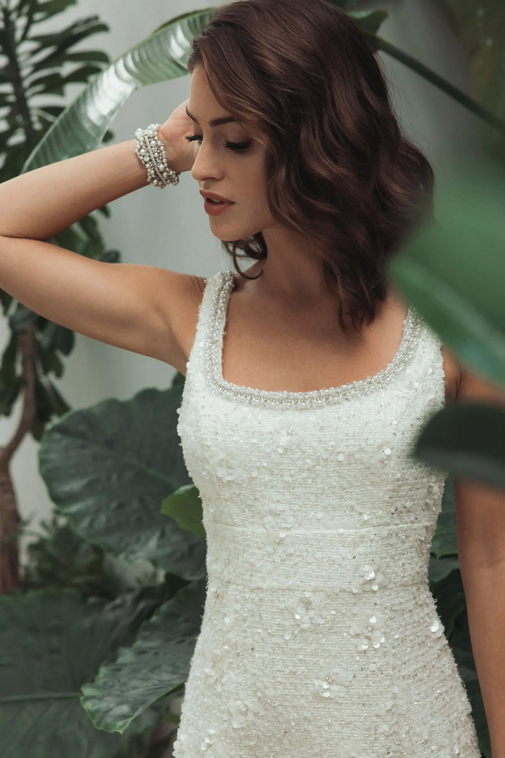 Ivory Embellished Boucle Sleeveless A-Line Midi Dress