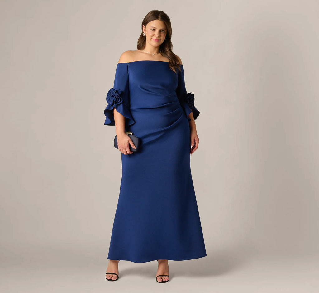 Plus Size Off Shoulder Bell Sleeve Rosette Gown In Navy Sateen