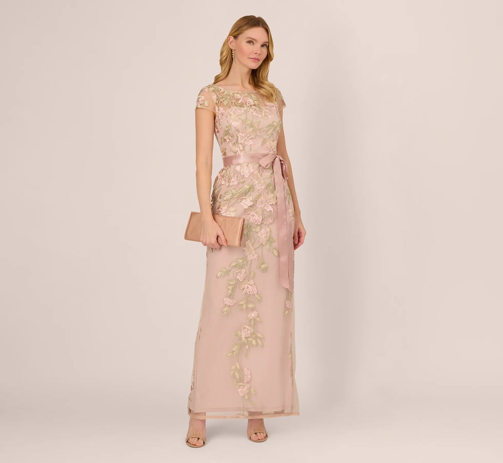 Short Sleeve Floral Embroidered Gown With Ribbon Tie Waist In Blush Nude Multi