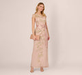 Short Sleeve Floral Embroidered Gown With Ribbon Tie Waist In Blush Nude Multi