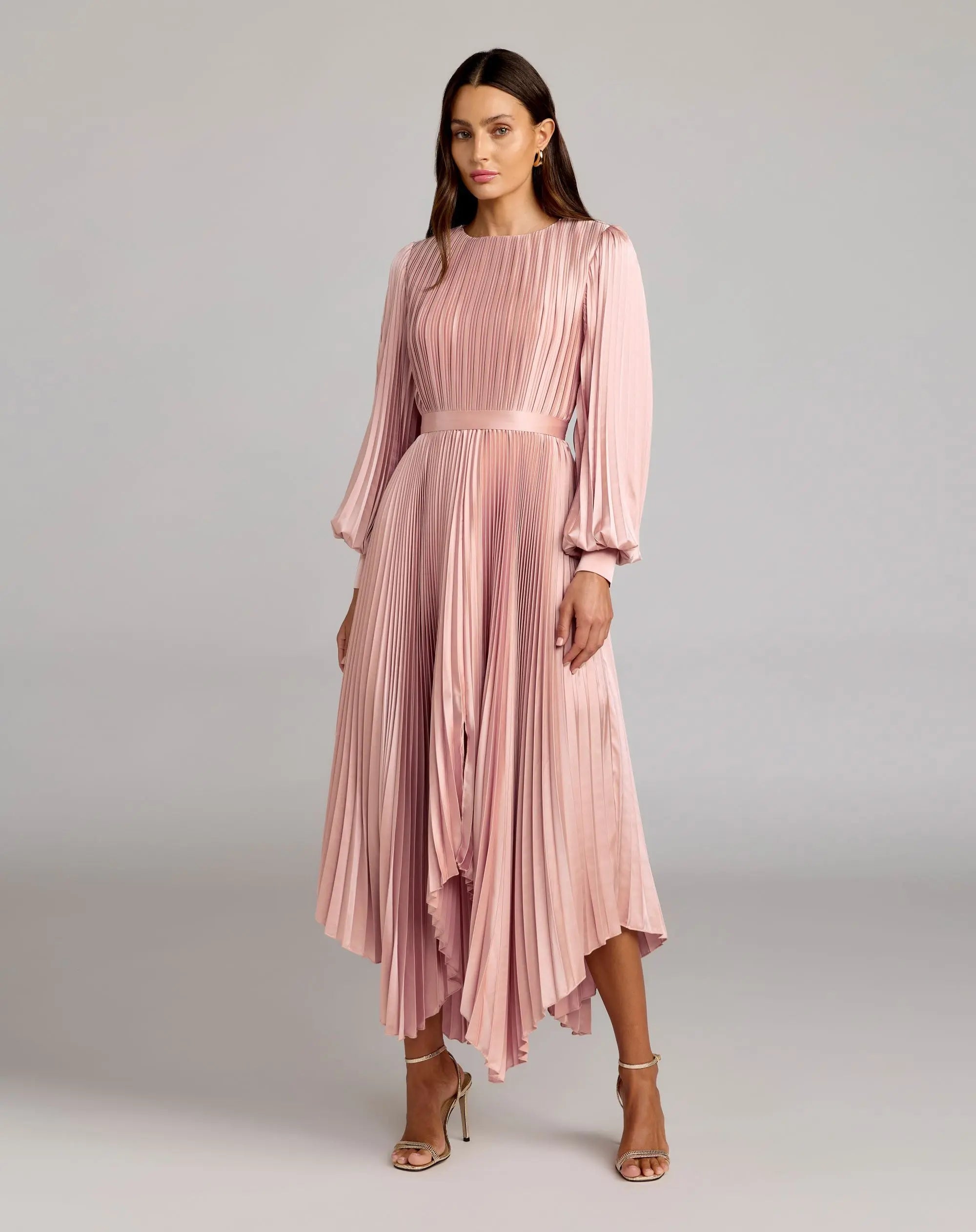 Long Sleeve Pleated Charmeuse Handkerchief Dress