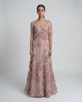 High Neck Embellished Lace Gown with 3/4 Sleeves