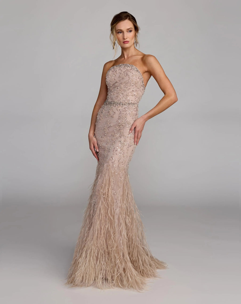 Beige Strapless Embellished Mermaid Gown With Feather Hem