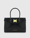 Black Crocodile Leather Tote Bag With Gold Hardware