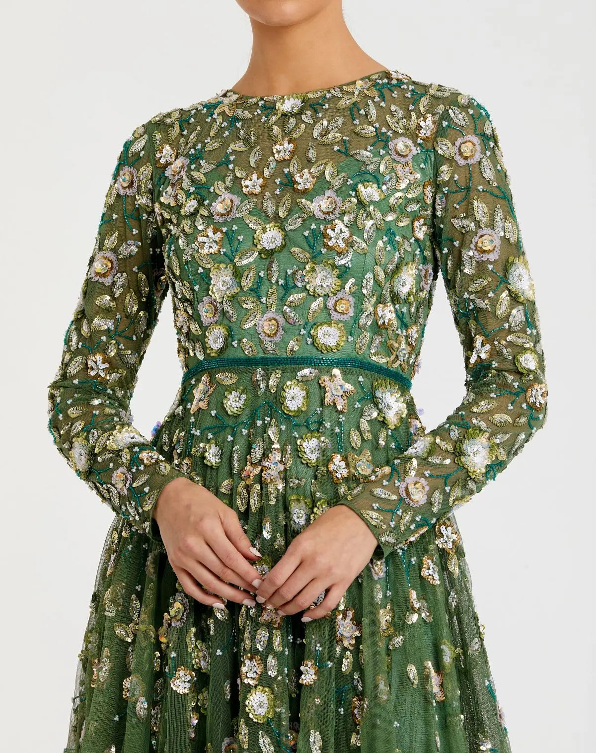 Petite Green Embellished High Neck Long Sleeve A Line Gown