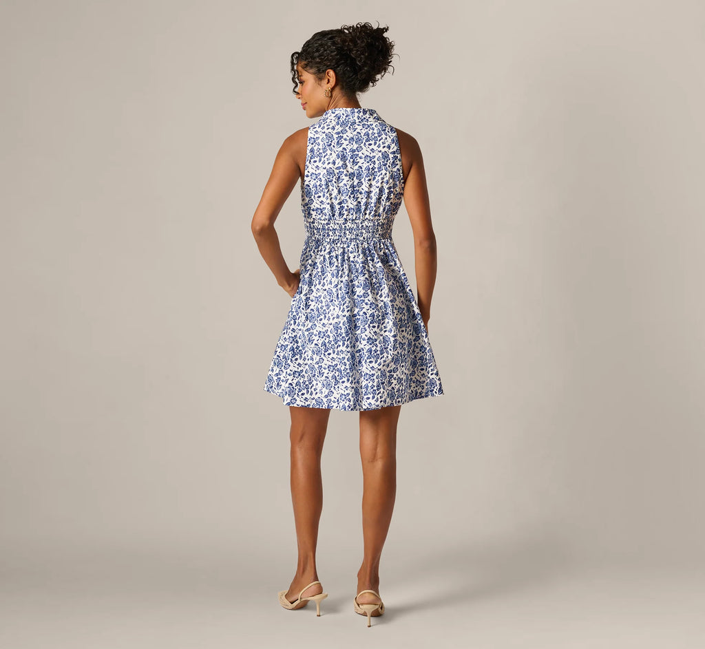 Floral Smocked Waist Short Dress In Ivory Blue Multi