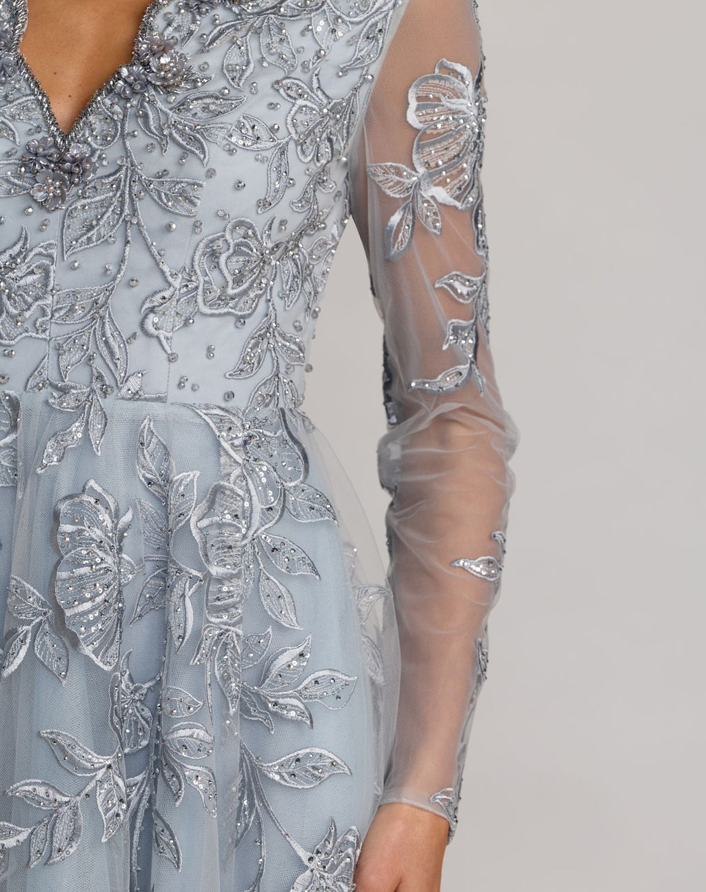 Blue Embroidered V-Neck Long Sleeve Gown