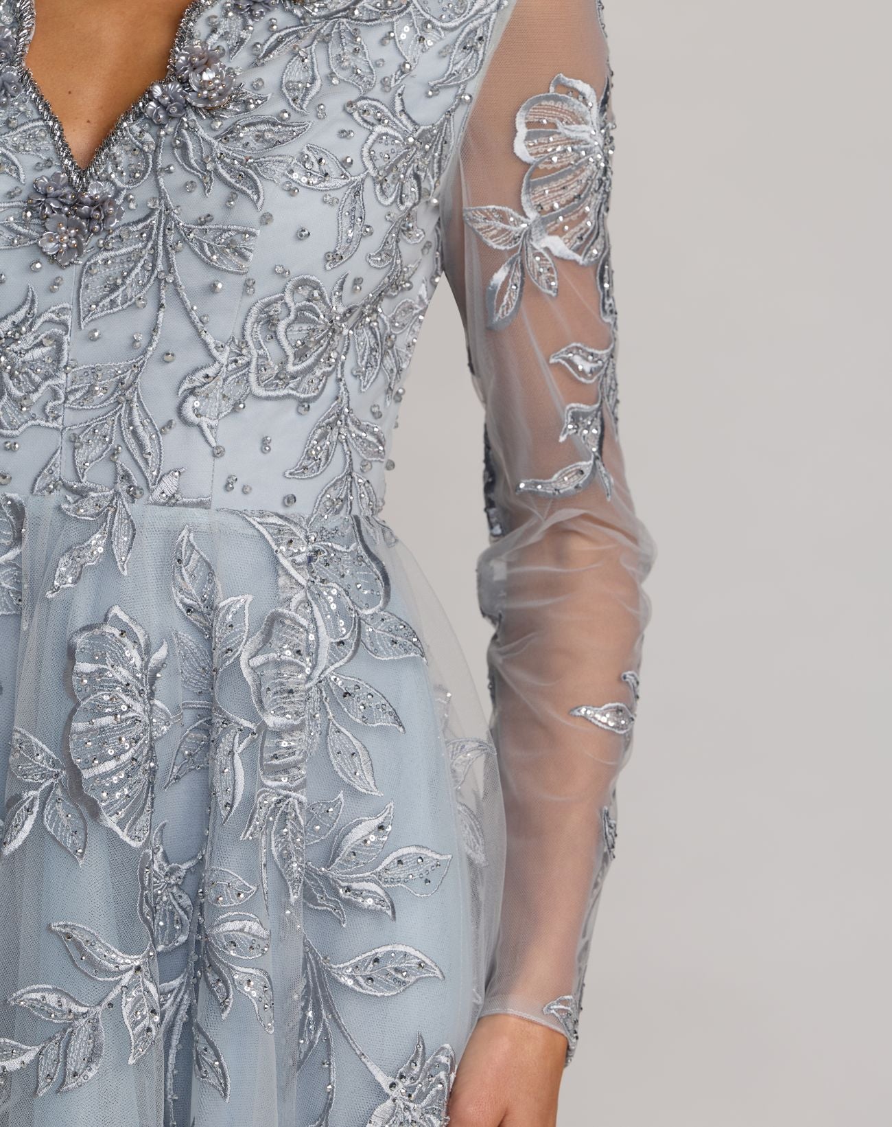 Blue Embroidered V-Neck Long Sleeve Gown