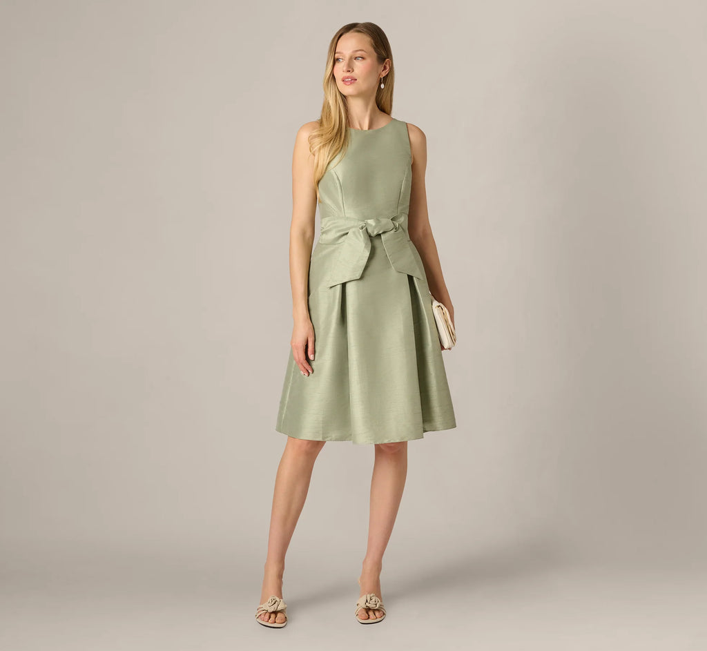 Dupioni Tie Front Fit And Flare Dress In Sage
