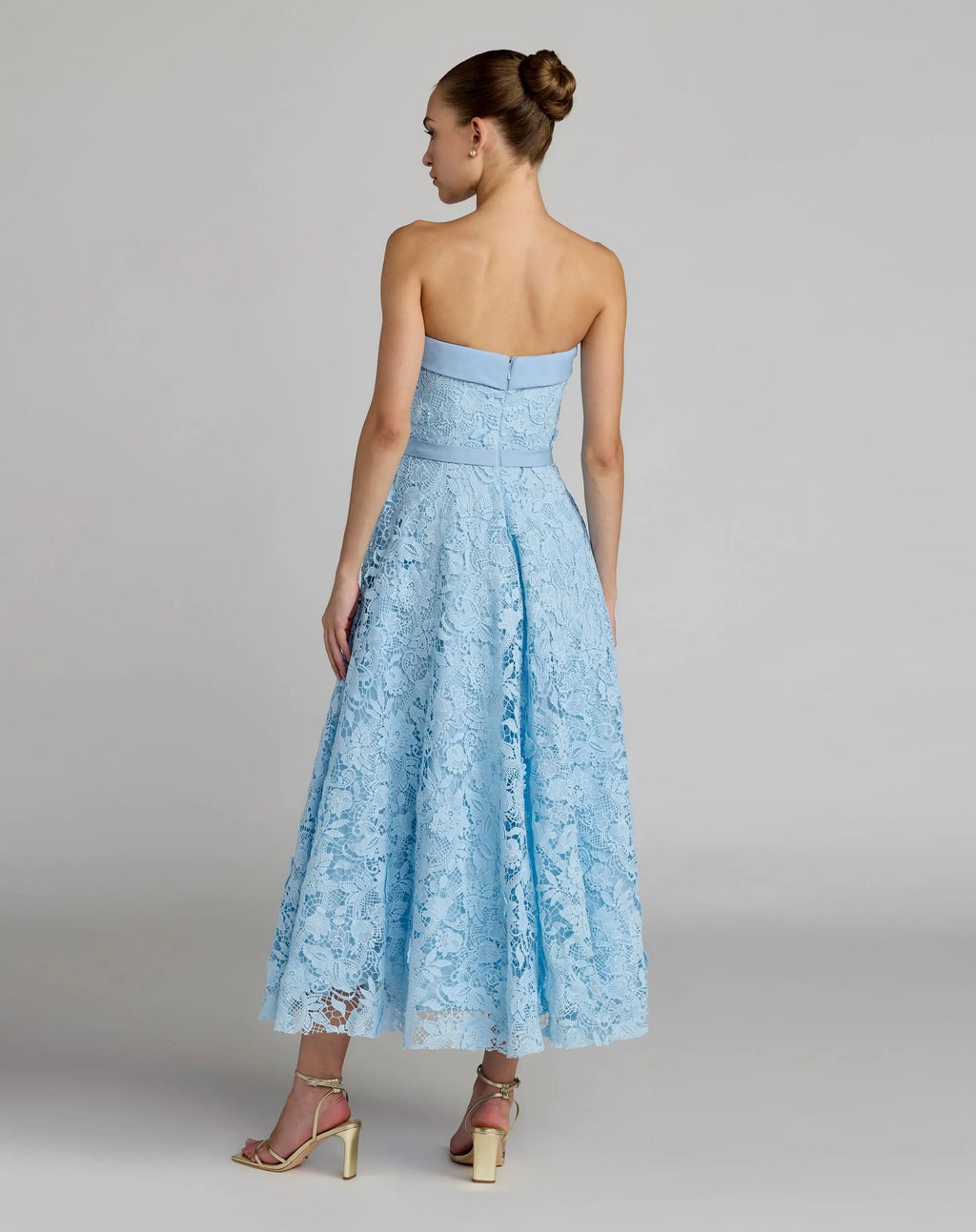 Blue Embroidered Lace Strapless Midi Dress With Bow Detail