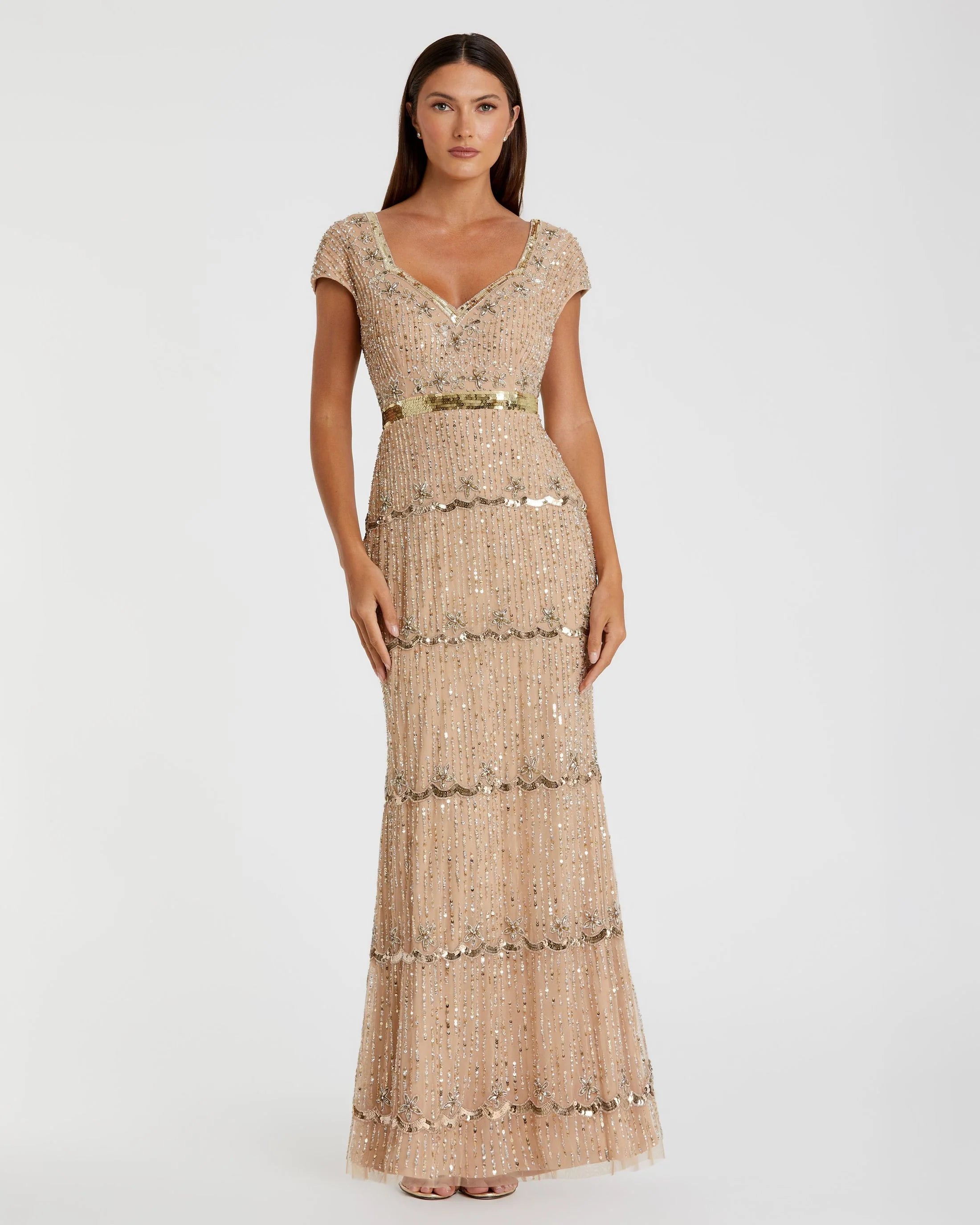 Petite Gold Sequin Cap Sleeve Sweetheart Column Gown