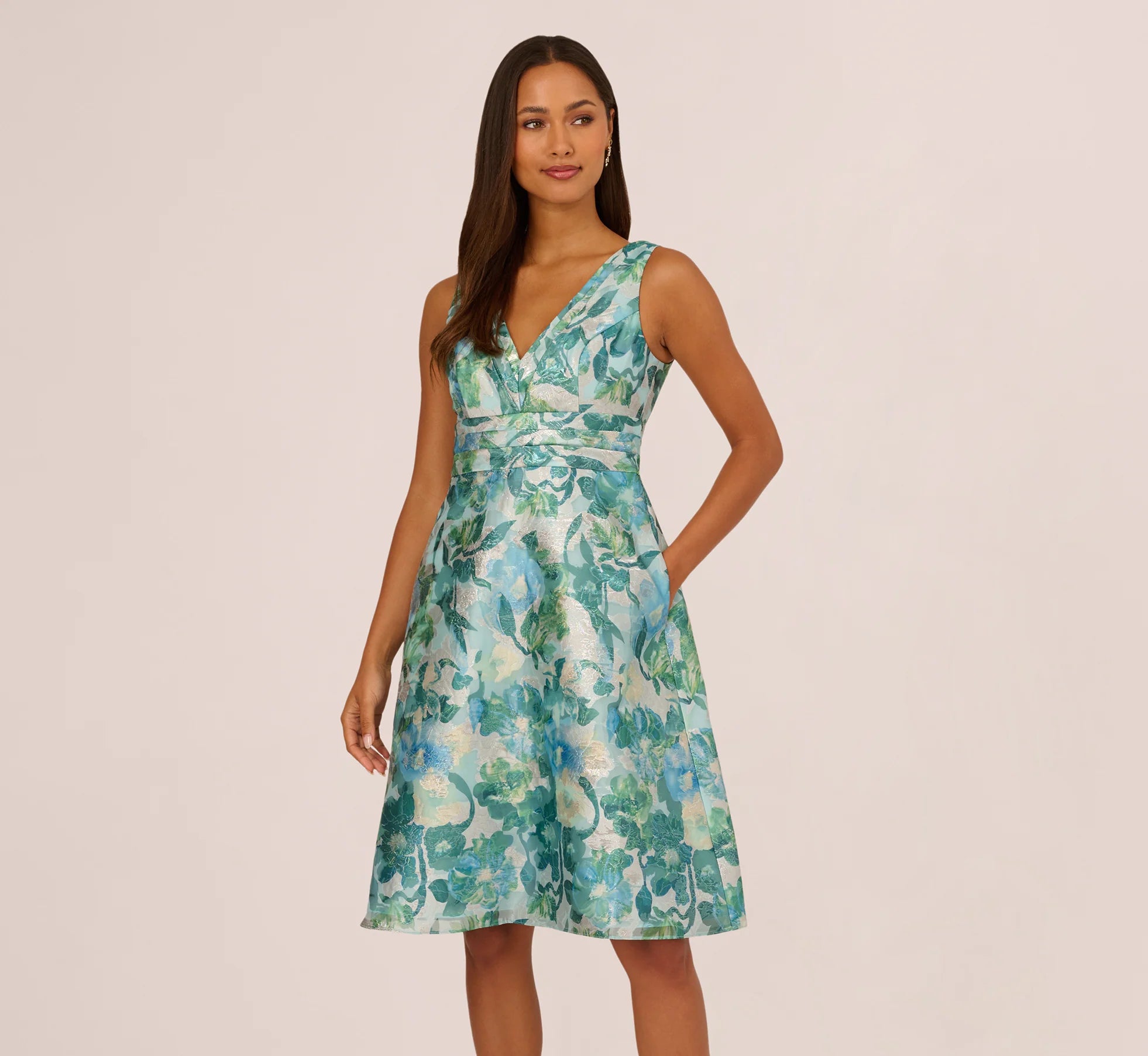 Metallic Floral Jacquard Midi Dress In Blue Multi