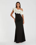 Black and White Jersey Gown With 3D Flower Off The Shoulder Detail