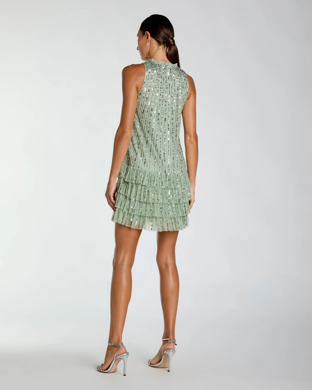 Green Striped Sequin Tiered Ruffle Mini Dress
