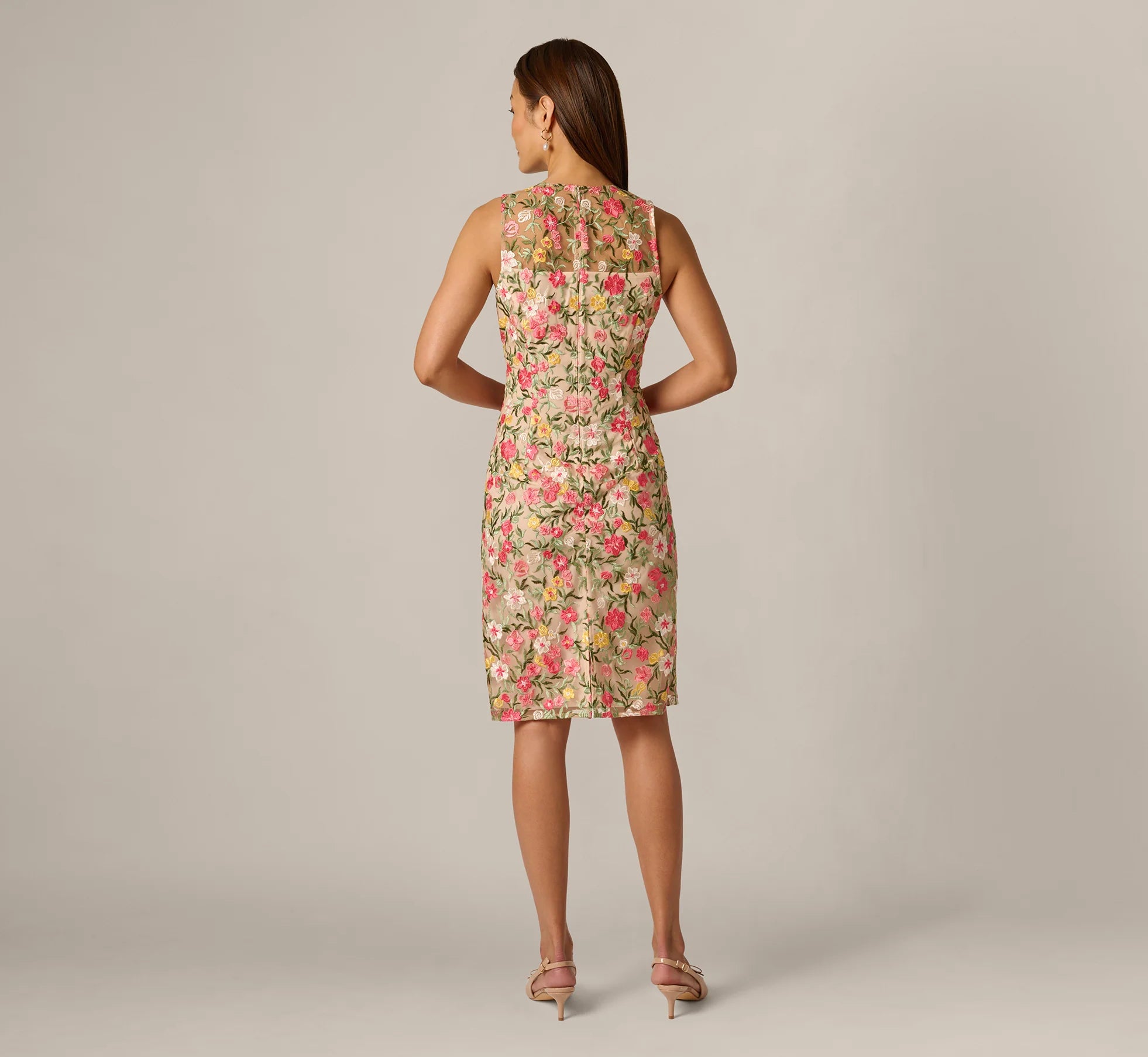 Floral Embroidered Illusion Sheath Dress In Coral Multi