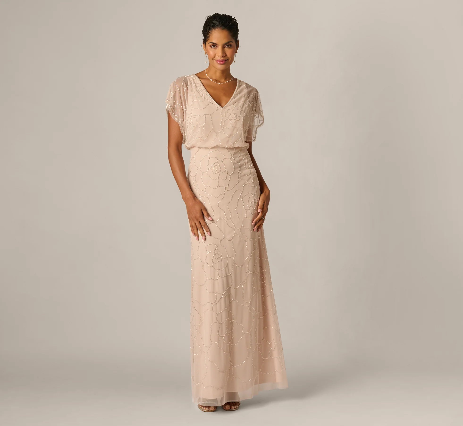 Short Sleeve Blouson Rose Floral Beaded Gown In Shell