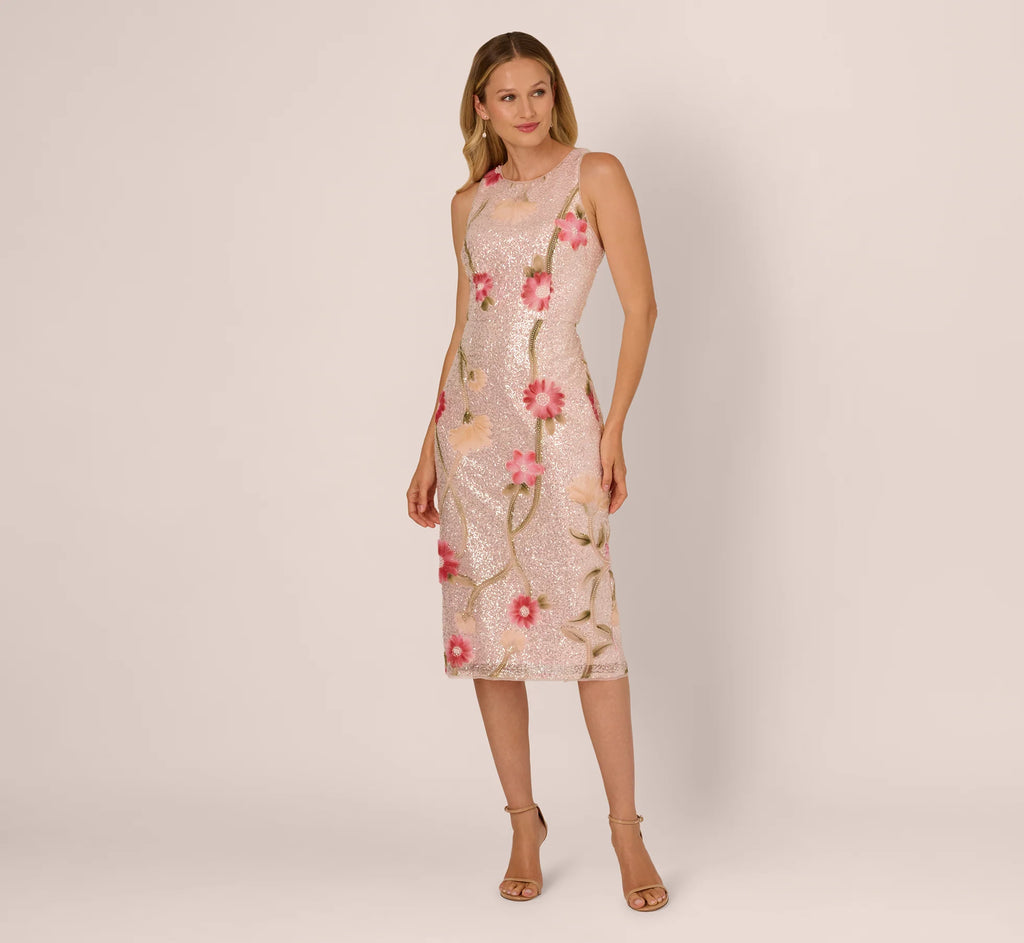 Sequin Floral Midi Sheath Dress In Silver Blush Multi