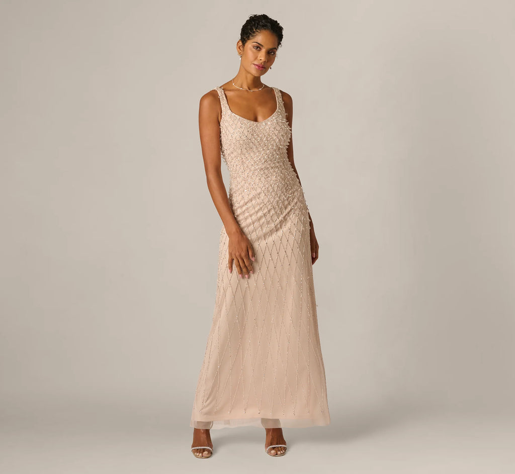 Diamond Beaded Mermaid Gown In Shell