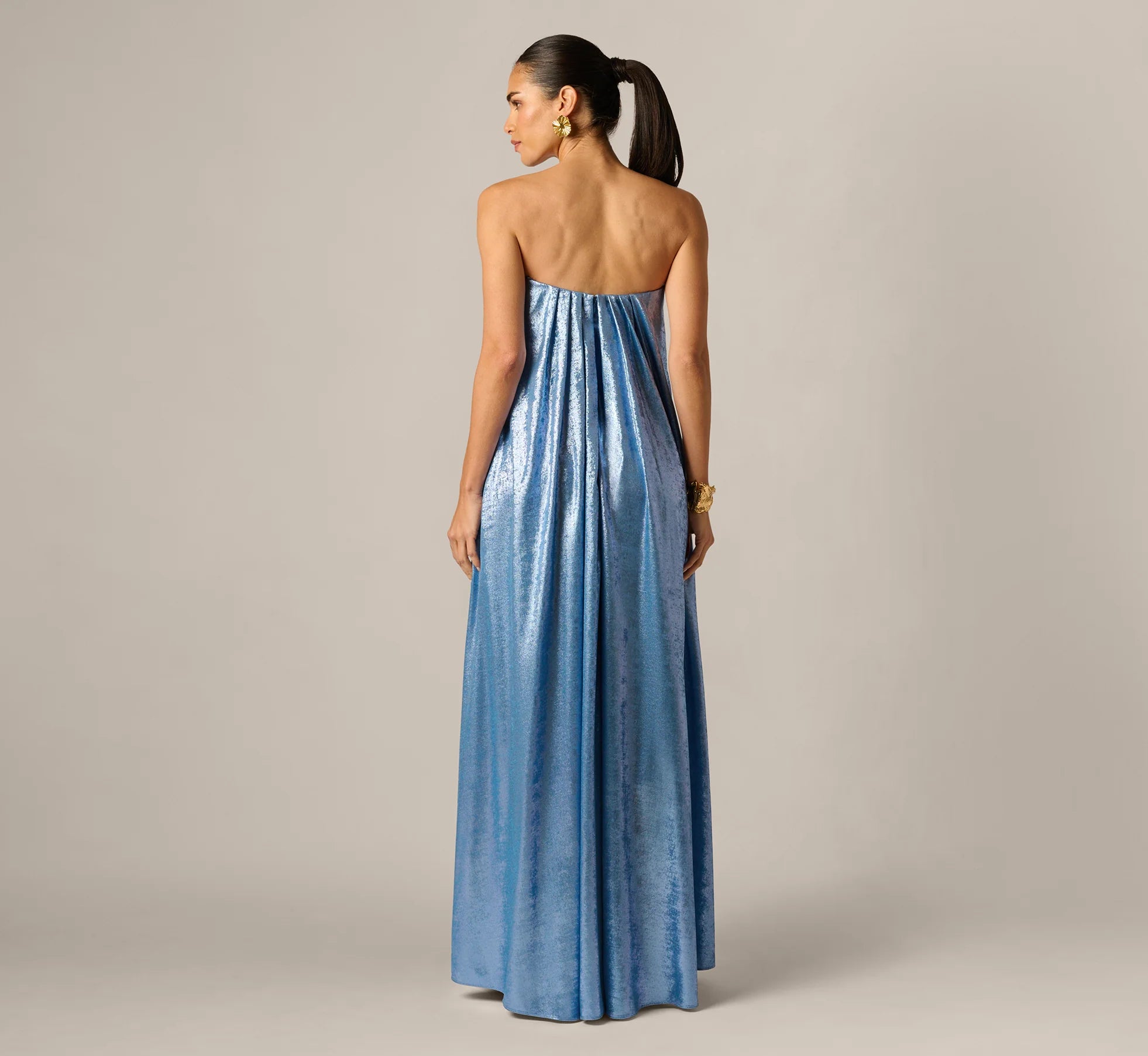 Strapless Foil Chiffon Trapeze Gown In Azure Blue