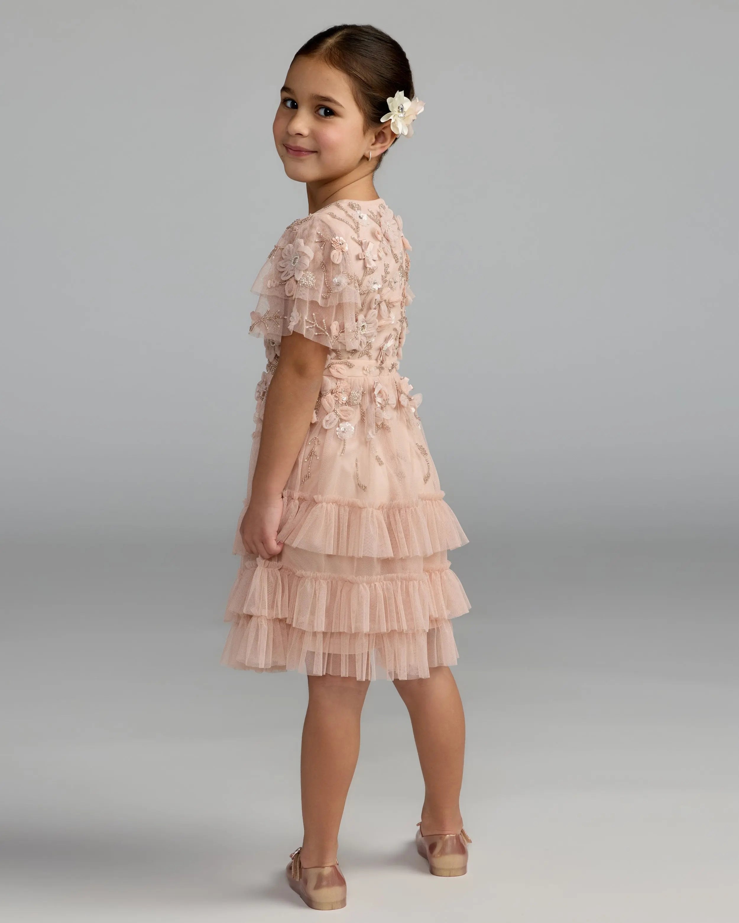 Girls Pink Embellished Flutter Sleeve Ruffle Dress