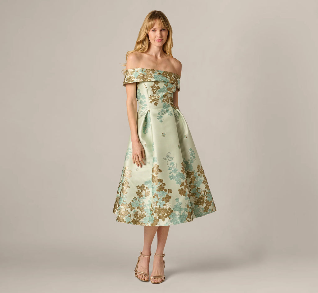 Floral Jacquard Ankle Length Dress With Off The Shoulder Neckline In Sage Gold