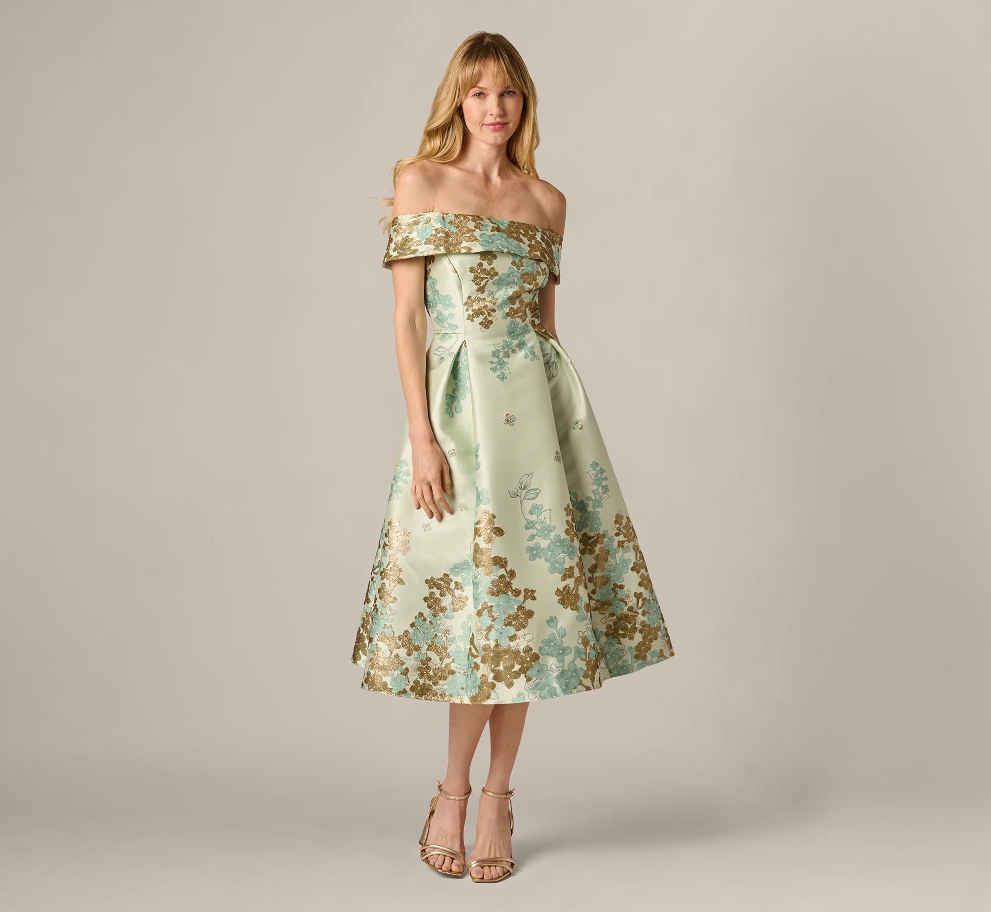 Floral Jacquard Ankle Length Dress With Off The Shoulder Neckline In Sage Gold