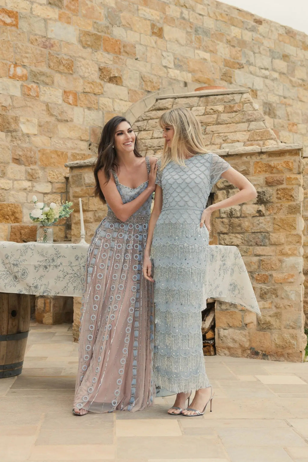 Blue Cap Sleeve Embellished Fringe Maxi Dress