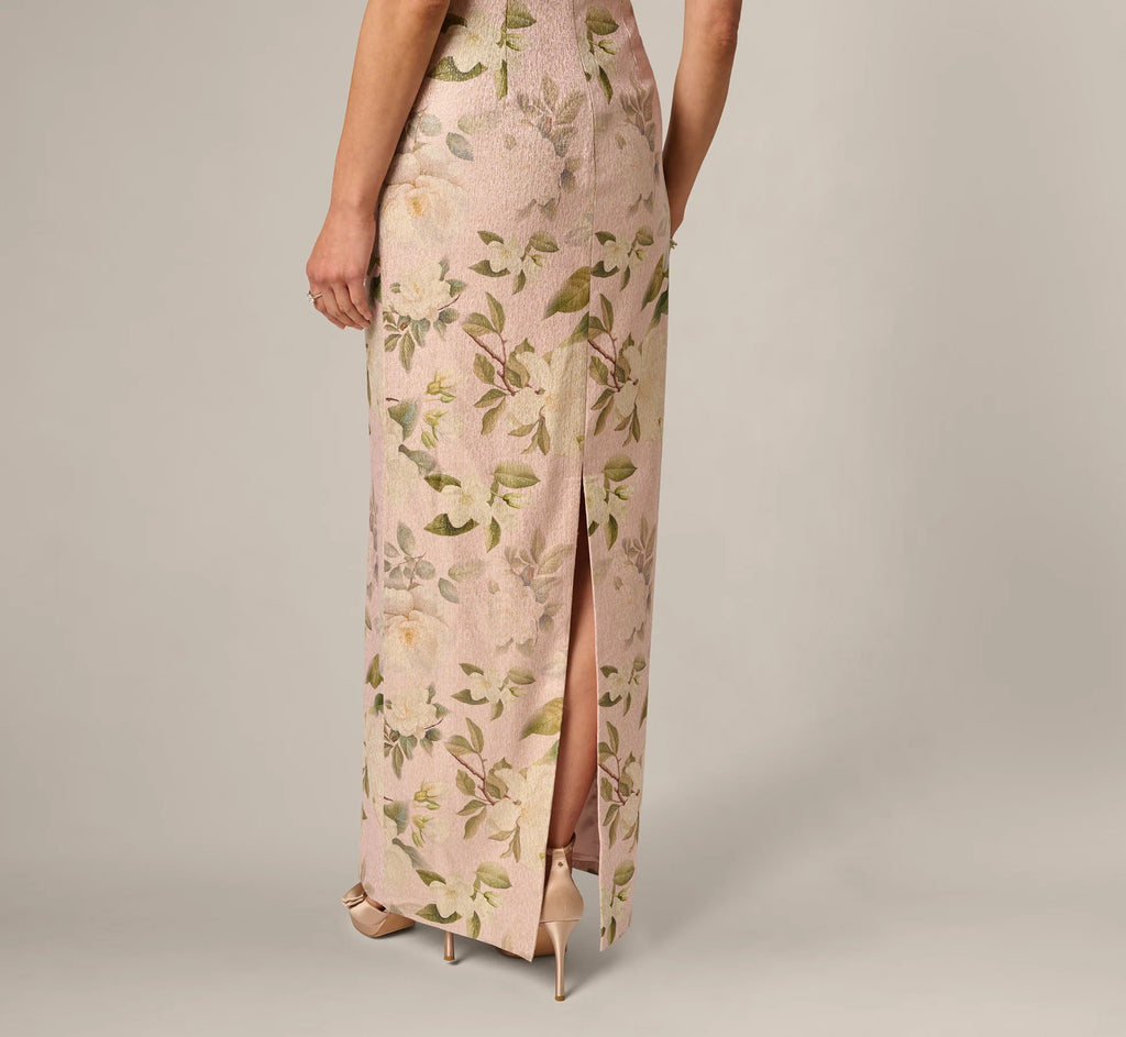Beaded Square Neck Floral Jacquard Gown In Blush Multi