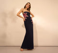 Strapless Beaded Flower Gown In Navy