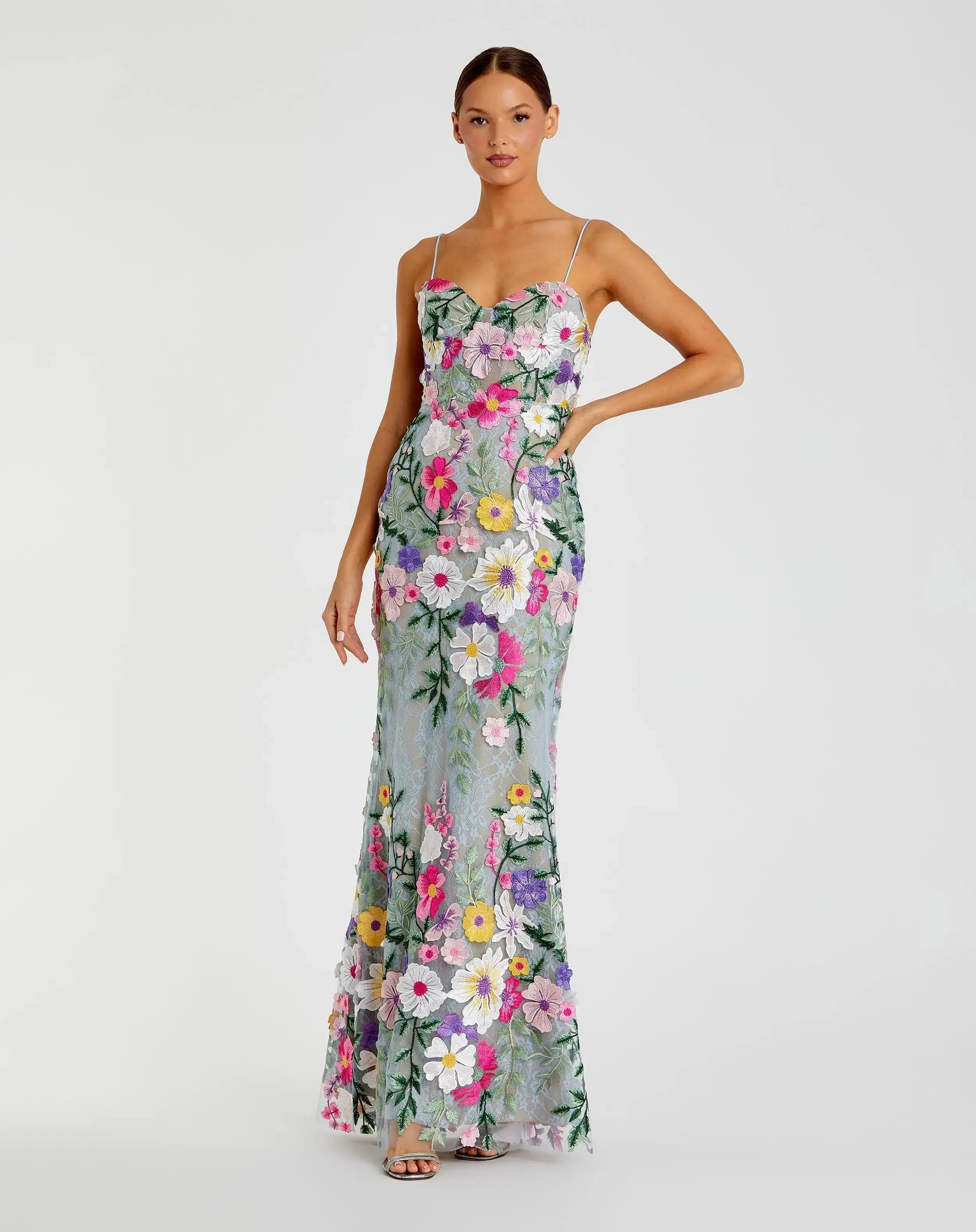 Floral Embroidered Sleeveless Bustier Gown