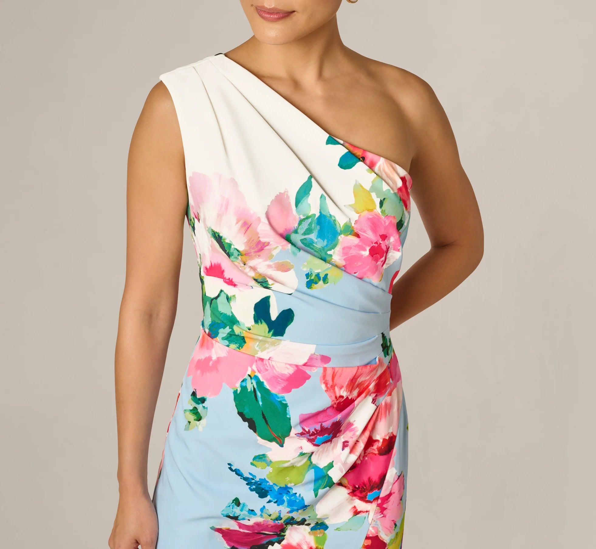 One Shoulder Floral Twill Midi Dress In Blue Multi