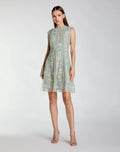 Green Sleeveless High Neck Embroidered Mini Dress