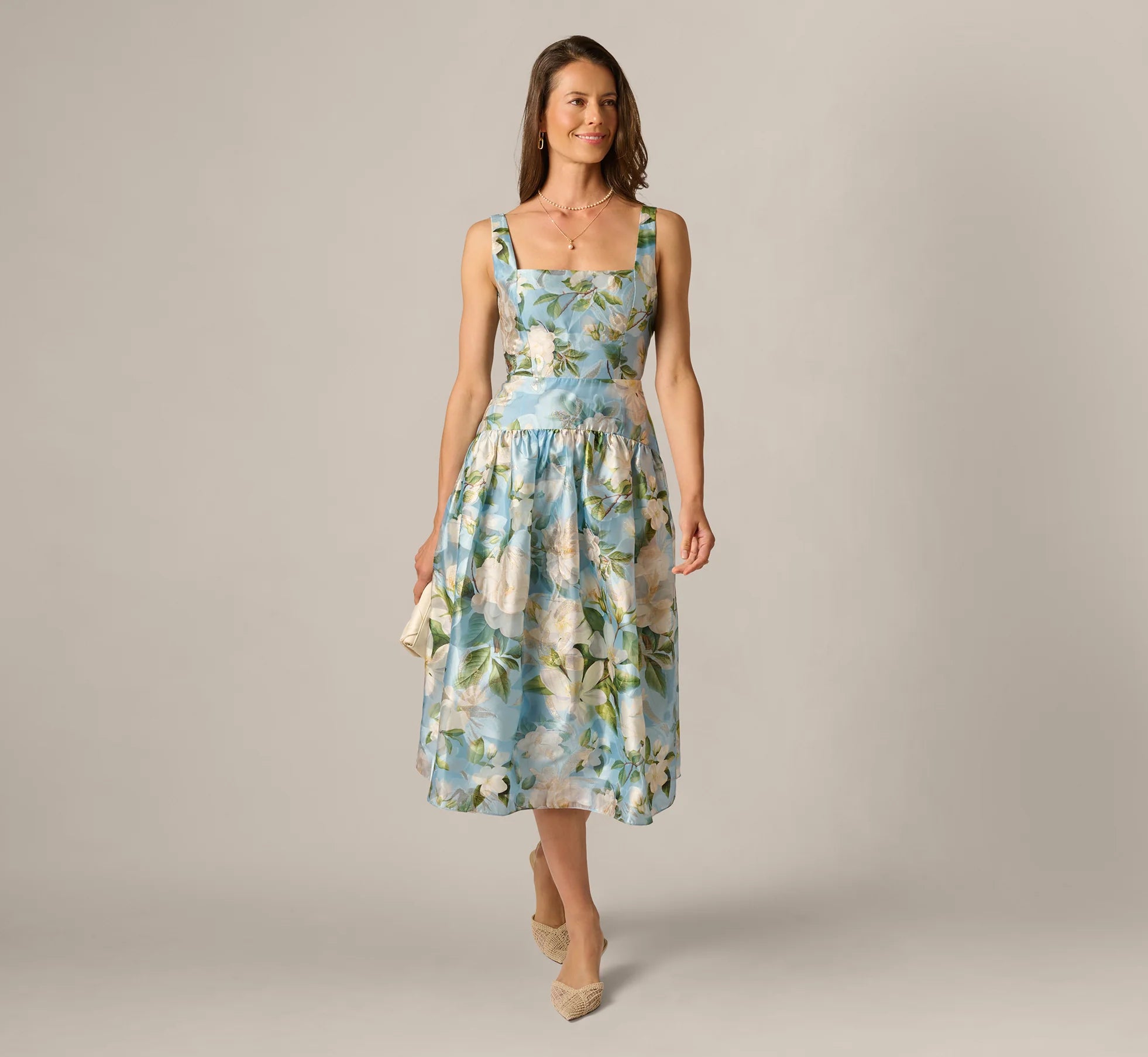 Square Neck Drop Waist Floral Jacquard Dress In Blue Multi