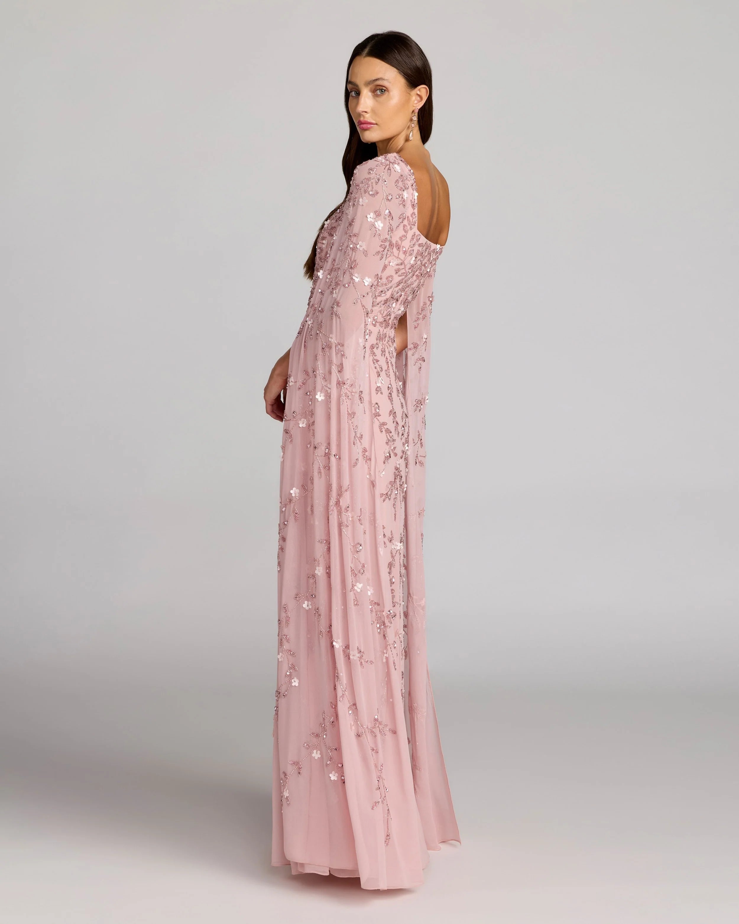 Pink Floral Embellished Cape Sleeve Gown
