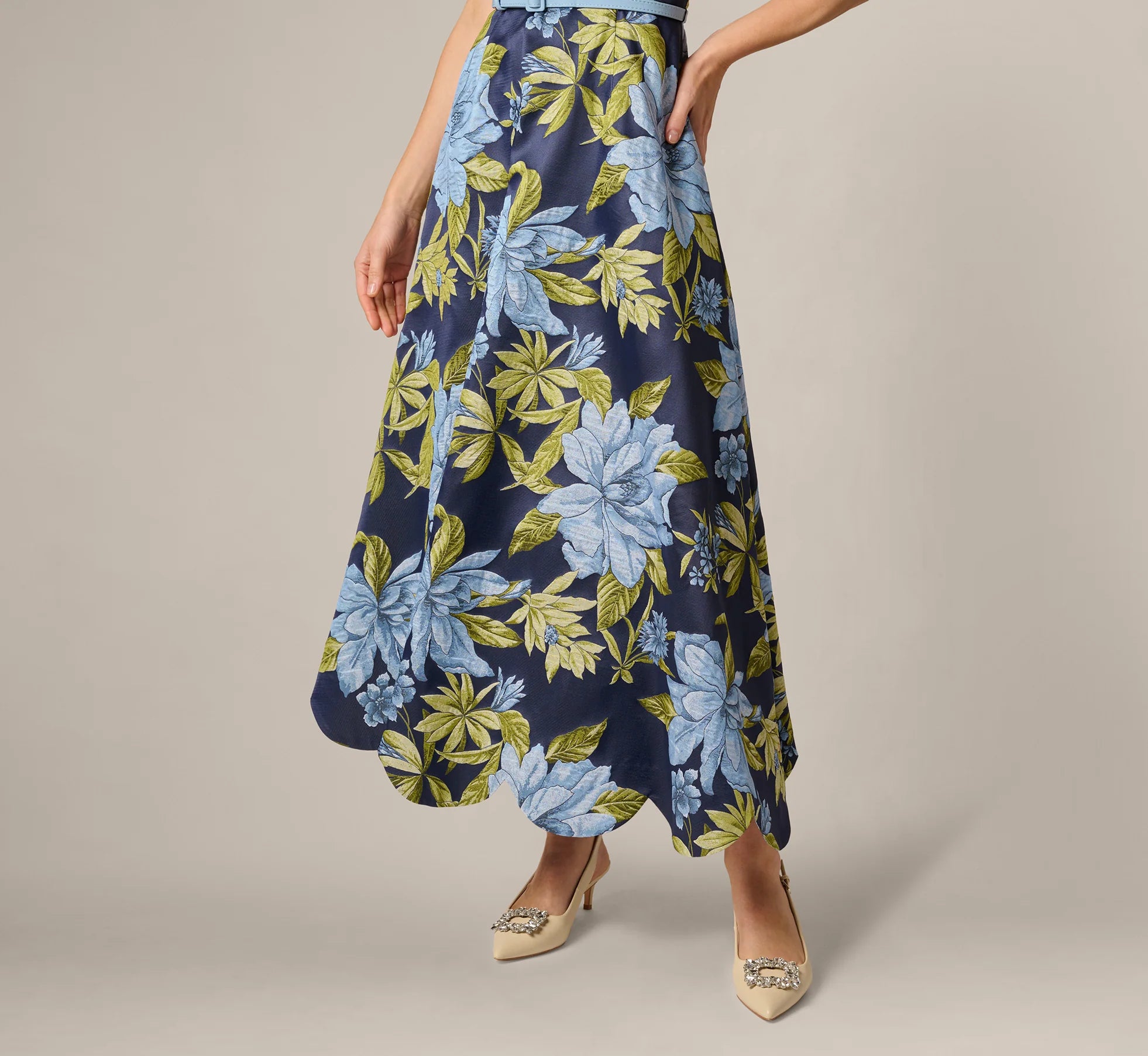 Floral Jacquard Sweetheart Scalloped Ankle Dress In Blue Multi