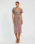 Embellished Faux Wrap Flutter Sleeve Dress