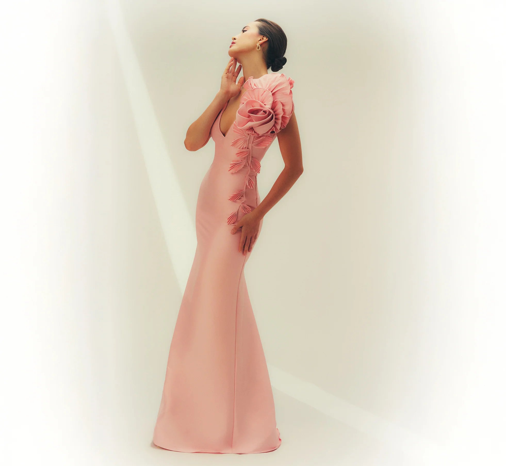 Stretch Mikado Rosette Shoulder Gown In Pink Cloud