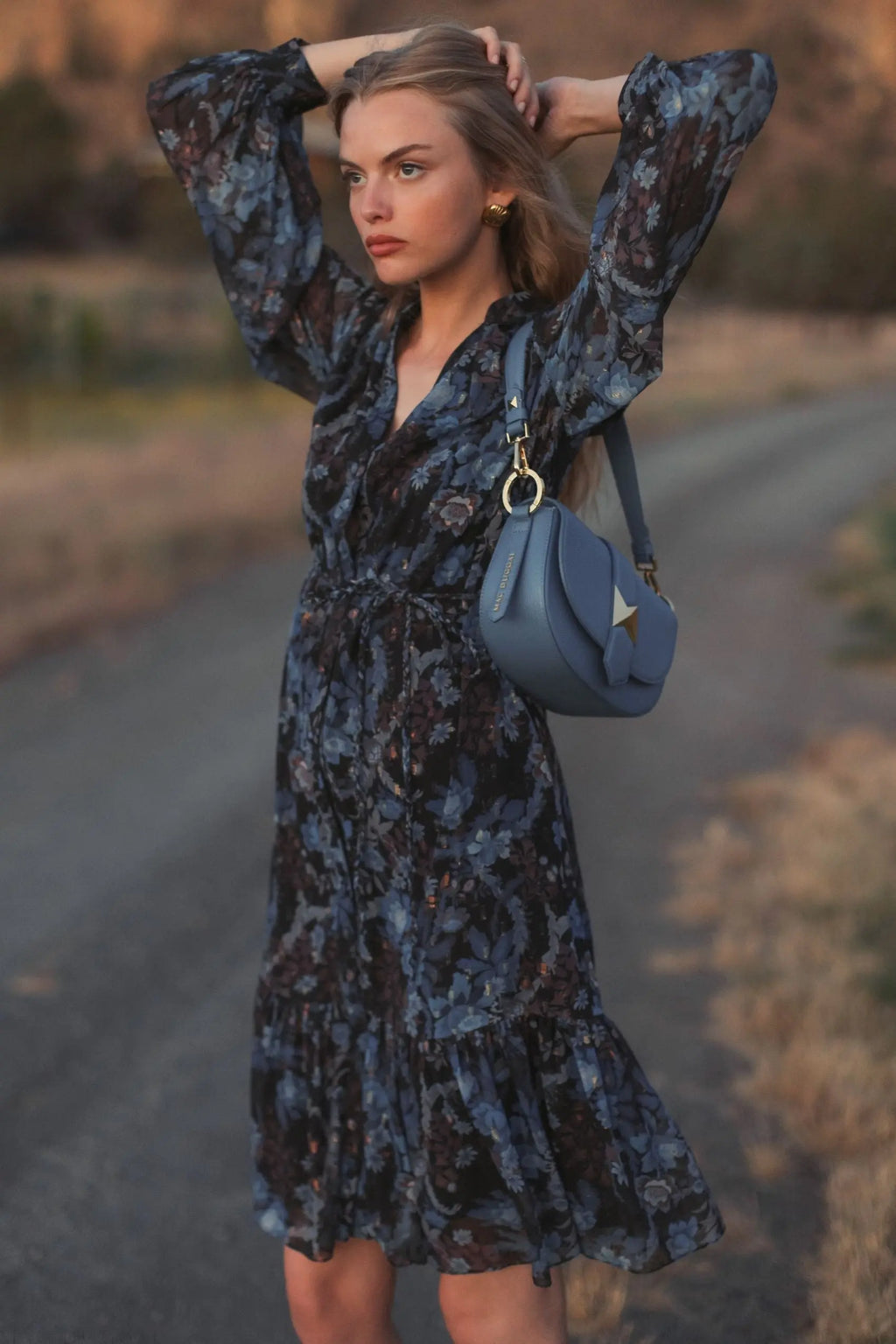 Blue Lurex Chiffon Bishop Sleeve Button Up Midi Dress