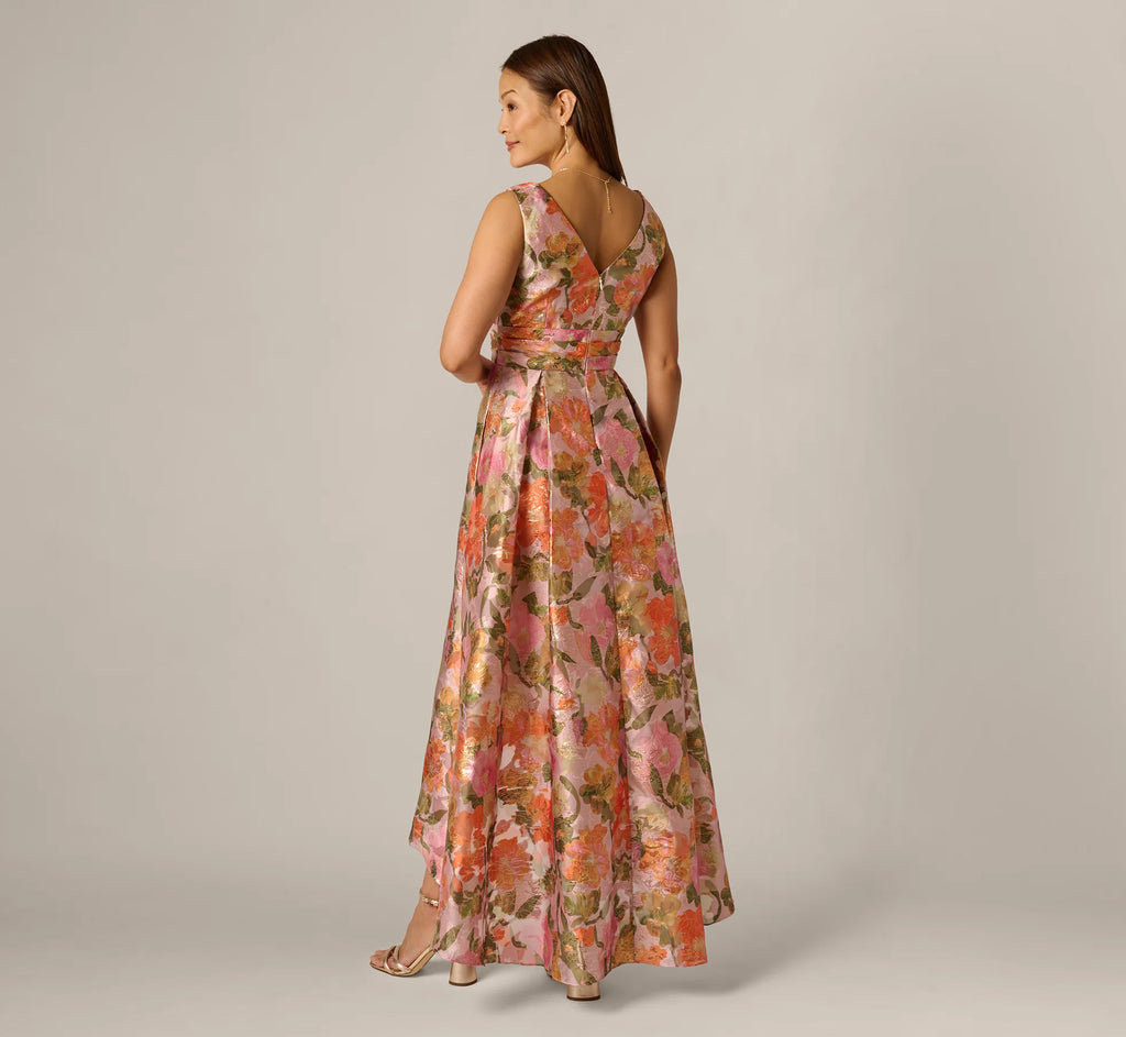Metallic Floral Jacquard High Low Gown In Yellow Orange Multi