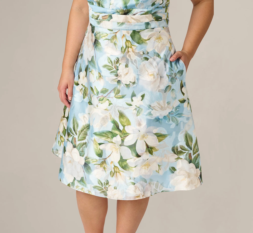 Plus Size Magnolia Floral Jacquard A Line Midi Dress In Blue Multi