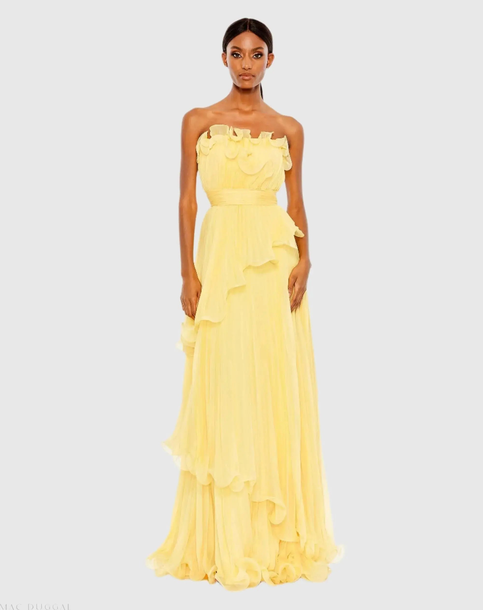 Yellow Pleated Tiered Ruffled Strapless Gown