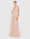 Pink Embellished Butterfly Sleeve Wrap Over Gown