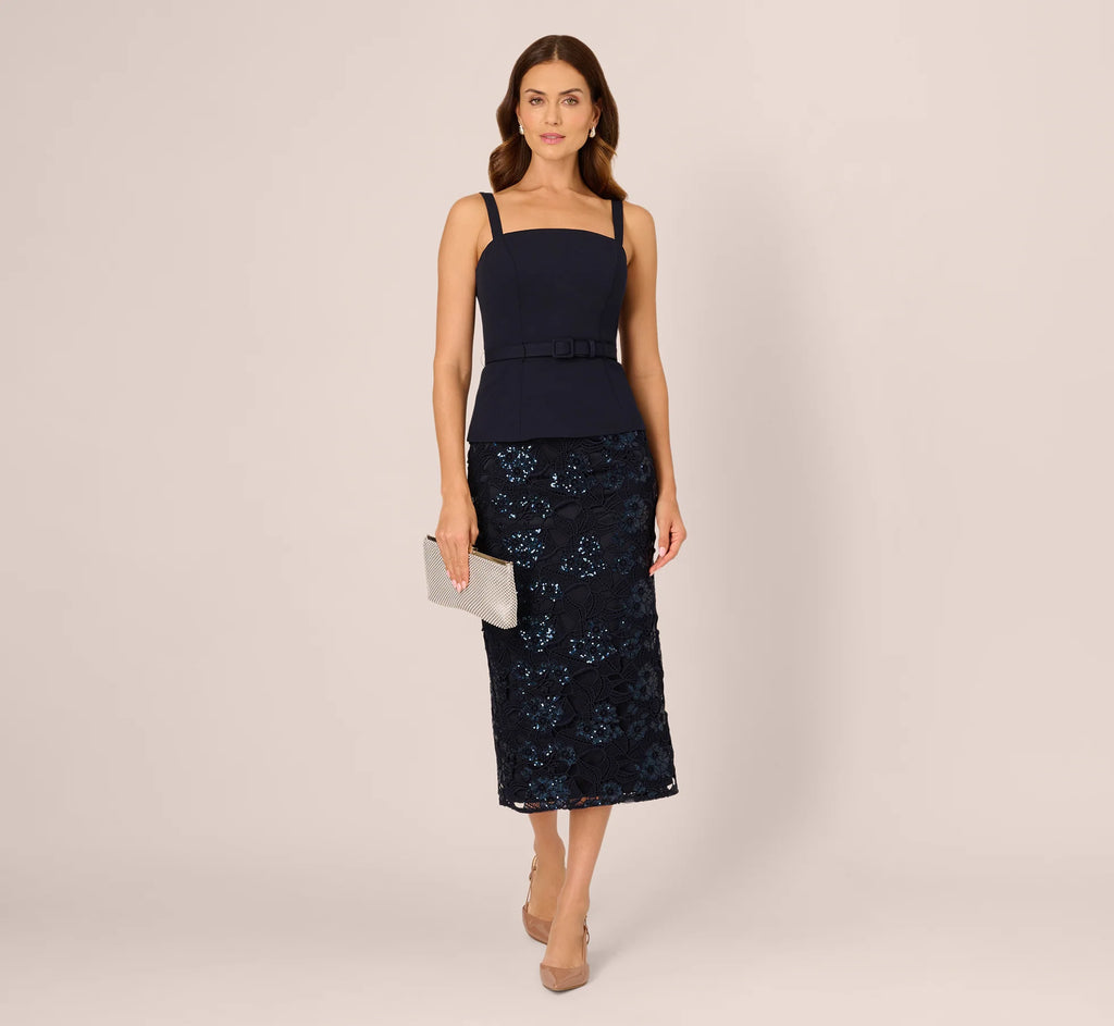 Sleeveless Sequin Lace Combo Midi Dress In Midnight