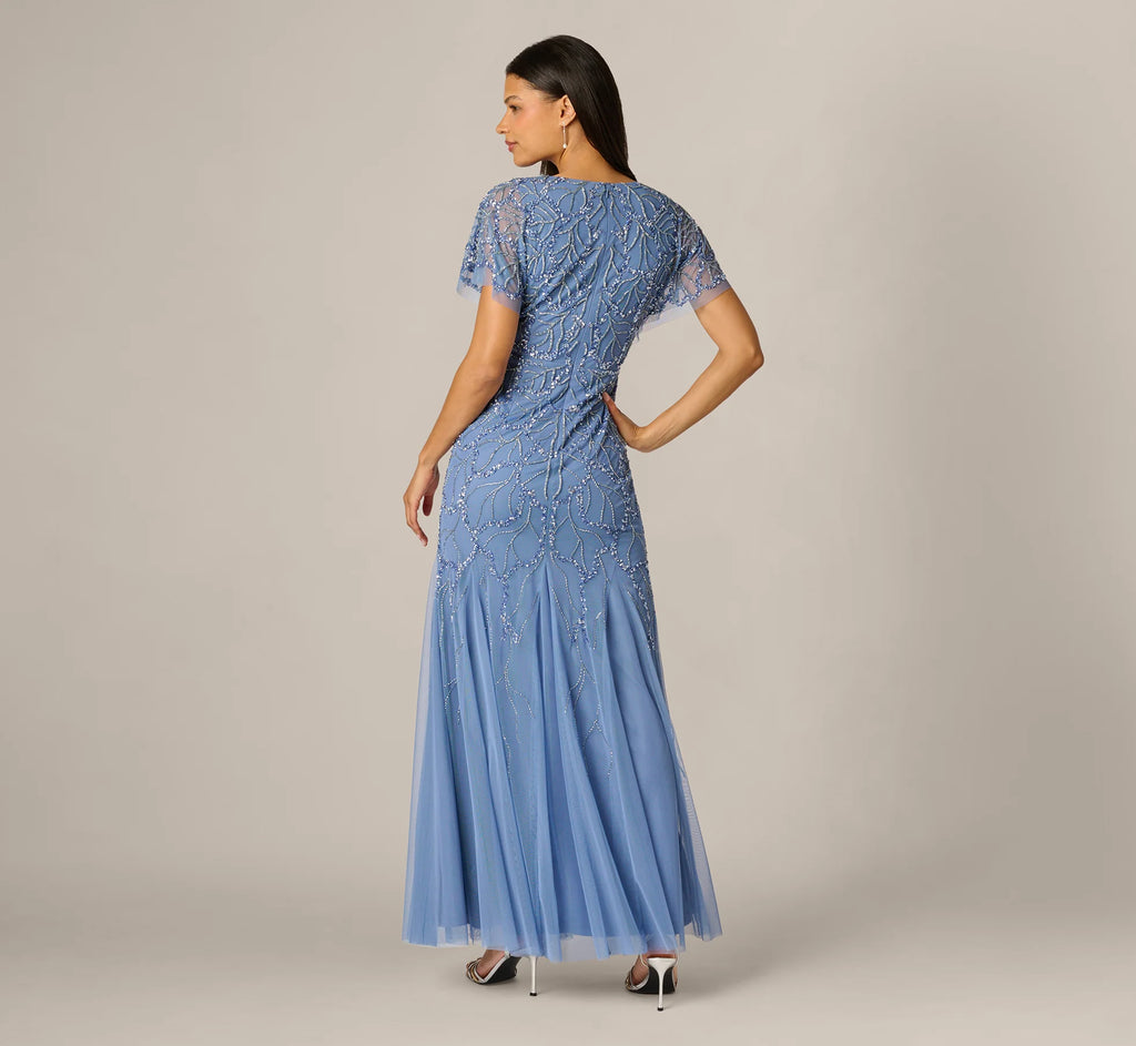 Flutter Sleeve Surplice Beaded Gown In French Blue