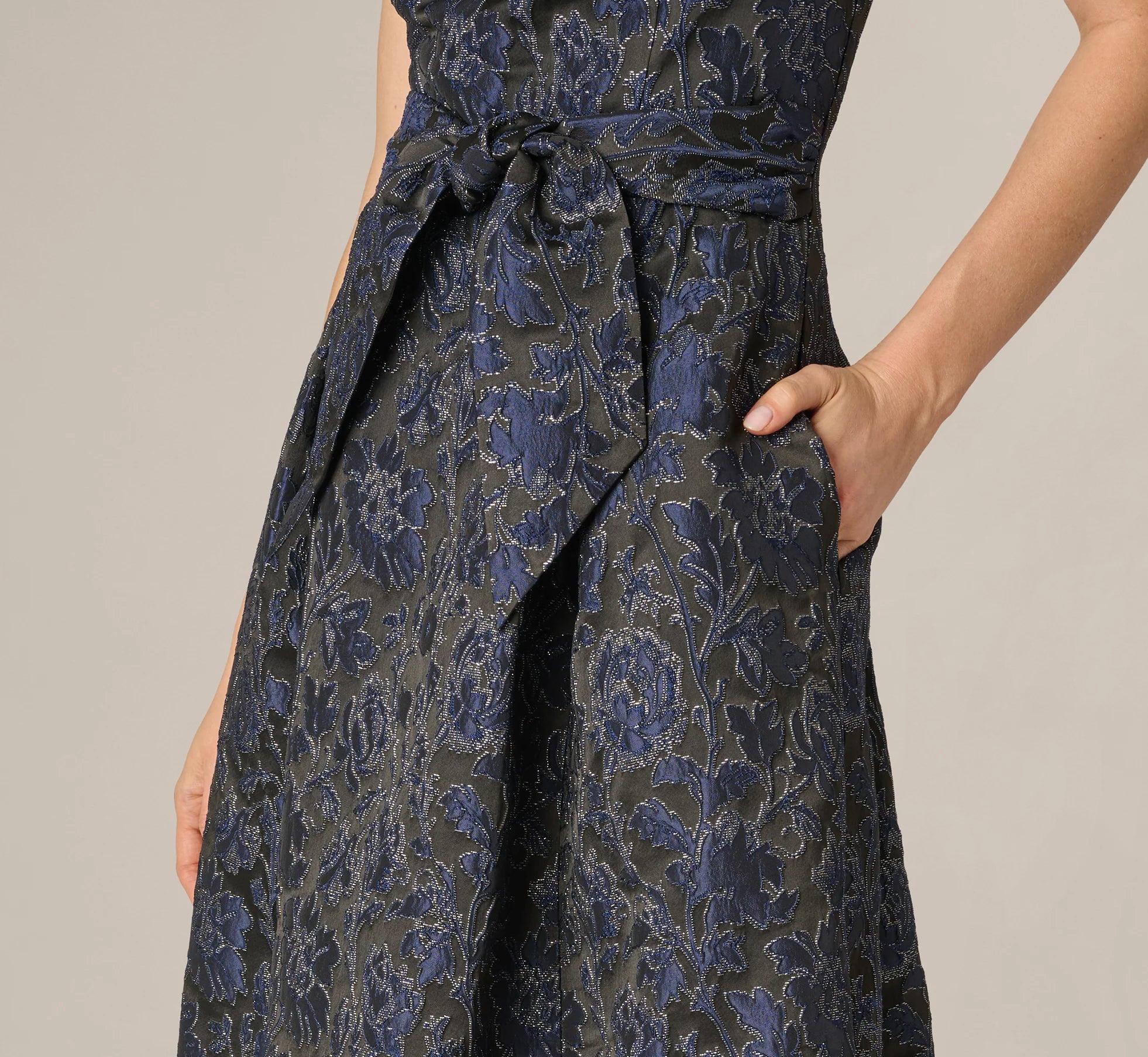 Jacquard Tie Front Fit And Flare Midi Dress In Black Navy