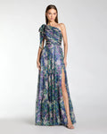 One Shoulder Floral Printed Chiffon Side Cut Out Gown